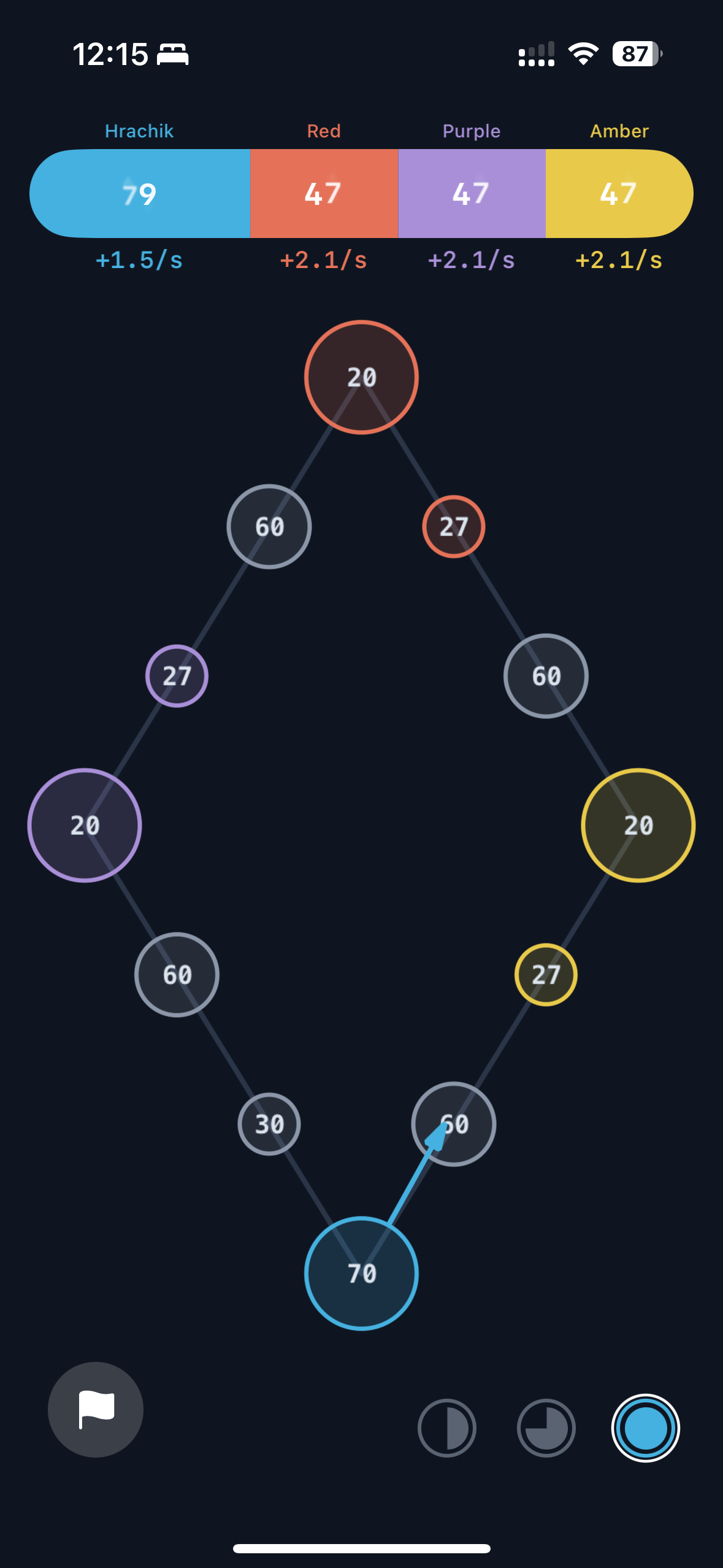 A CrossWar match in progress: four players on a diamond-shaped web of roads, towers marked with their garrison counts, a blue arrow sending troops down a road.